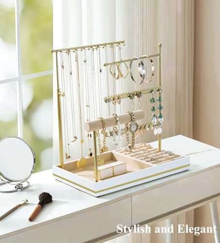 Emibele Jewelry Holder, Jewelry Organizer Stand Necklace Earrings Bracelet Holder, 5 Tier Jewelry Display Tower Rack with Metal Frame and Velvet Ring Tray, Aesthetic Jewelry Stand Gift for Women, Gold - color: Gold & White