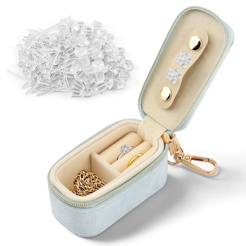Velvet Mini Travel Jewelry Case, 2 in 1 Ring Holder Keychain + 50 Plastic Earrings, Portable Small Jewelry Organizer for Women, Travel/Gym/Wedding/Bridesmaid Gift - color: blue
