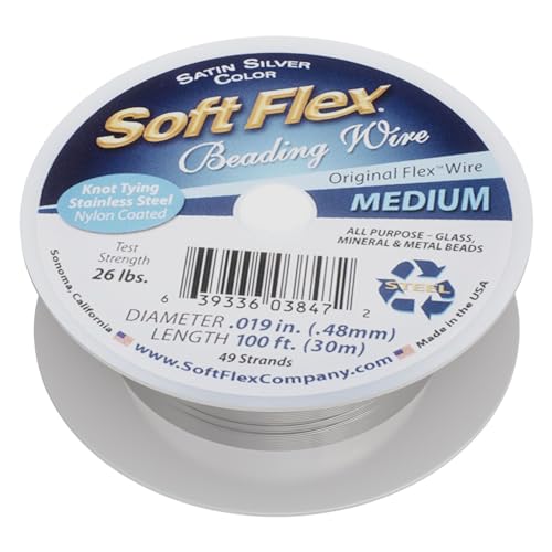 Soft Flex 49 Strand Beading Wire, Medium 0.019 Diameter, 100 Feet, Premium Nylon Coated Jewelry Wire for Bracelets, Necklaces and Beading Projects - Made in the USA - style: Satin Silver