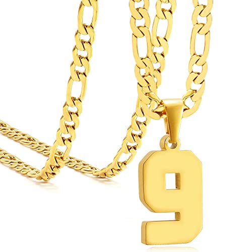 Personalized Jersey Number Necklaces for Mens,Athletes Stainless Steel Sport Number Pendant Chain for Mens Baseball/Basketball/Football Team Inspiration Jewelry with Gifts - color: Gold, style: 9 Gold