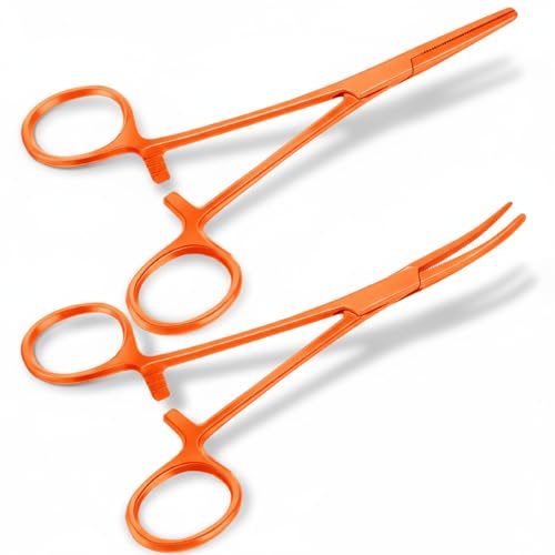 BBTO Hemostat Curved and Straight Hemostat Forceps Piercing Pliers Forceps, Stainless Steel Straight and Curved Pliers, Fishing Tweezer (Orange,2 Pcs) - color: Orange