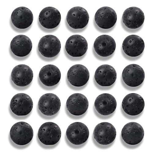 100Pcs 10mm Natural Black Volcanic Lava Gemstone Beads Round Loose Stone Beads for Jewerly Making with Crystal Stretch Cord - color: Black Lava, size: 10mm