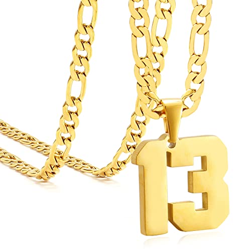 Personalized Jersey Number Necklaces for Mens,Athletes Stainless Steel Sport Number Pendant Chain for Mens Baseball/Basketball/Football Team Inspiration Jewelry with Gifts - color: Gold, style: 13 Gold