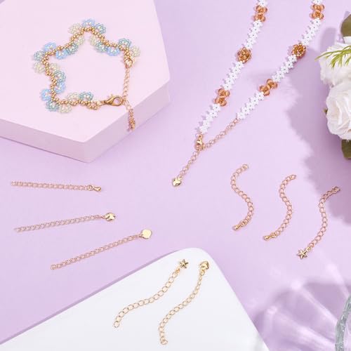 Beebeecraft 1 Box 20Pcs 4Styles Golden Necklace Extenders 18K Gold Plated Star Heart Chain Extenders for Jewelry Making Charm Ends Tail Extension Curb Chain Necklaces Bracelets DIY Crafts Supplies - color: Gold-mix