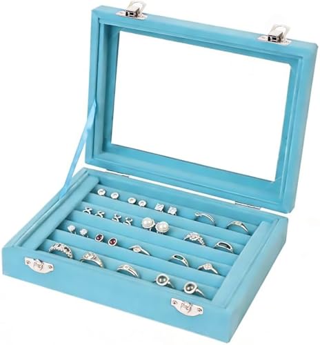 Jewelry Box Rings Organizer Tray 7 Slots Velvet Jewelry Earring Storage Box With Transparent Lid Jewelry Display Case for Girls Women (Light Blue) - color: Light Blue