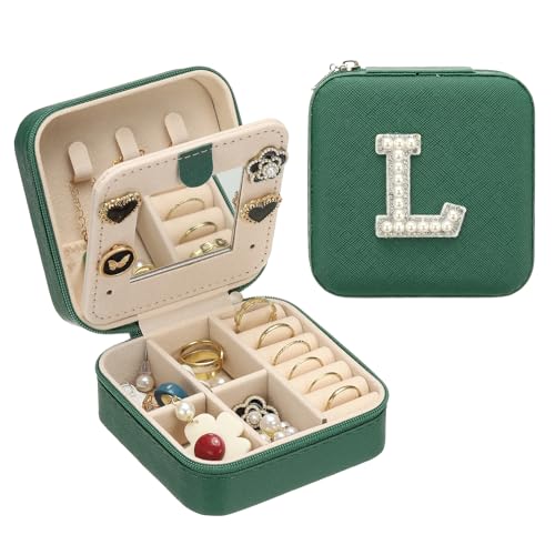 PATIKIL Travel Jewelry Case, L Initial Small Travel Jewelry Box Organizer Rings Earrings Storage Case Personalized Gifts for Women Girls Birthday Christmas Bridesmaid Gifts, Dark Green - style: L