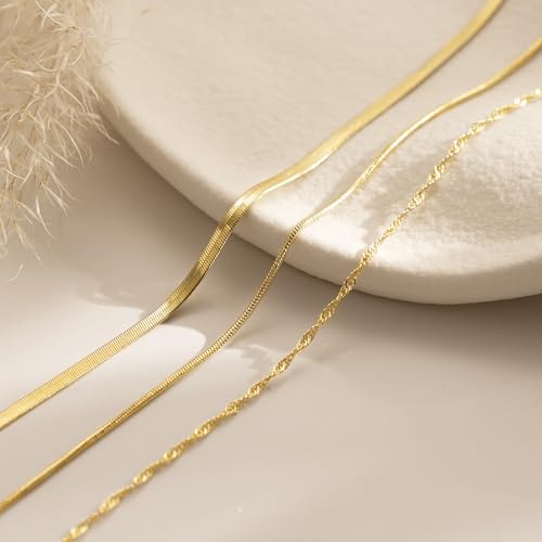 Tewiky Layered Necklaces for Women Non Tarnish- Chunky 14k Gold Plated Herringbone/Snake/Rope/Box/Cuban Link Chain for Women Waterproof Layering Stack Choker Necklace Trendy Dainty Tarnish Free Jewelry Set - color: 3 Necklace Set Gold