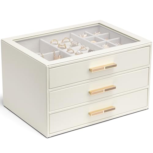 VLANDO Jewelry Box for Women, Glass Lid Jewelry Organizer with 3 Drawers for Necklaces Rings Earrings Bracelets Mother Day Gift for Mom - Cloud White - color: A. Cloud White, size: 3-Layer