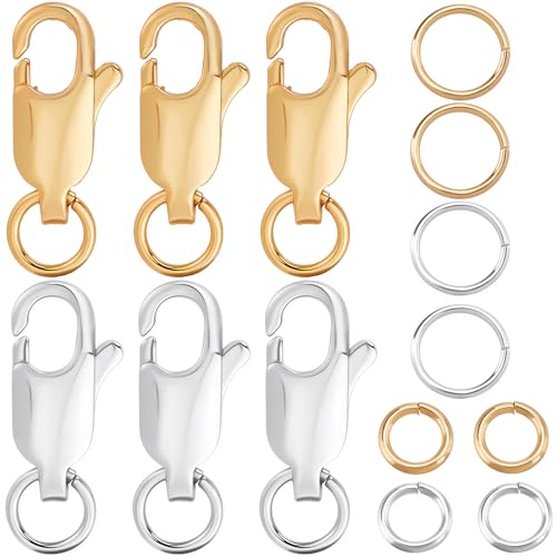 Beebeecraft 1 Box 6Pcs Lobster Claw Clasp with 2 Sizes Jump Rings 18K Gold & Platinum Plated Brass Necklace Clasps for Jewelry Bracelet Extender - color: Gold and Silver
