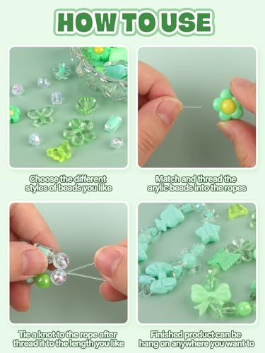 150PCS Acrylic Pastel Beads for Jewelry Making, Kalolary Colorful Bow Butterfly Flower Kawaii Plastic Candy Heart Cute Macaroon Aesthetic Beads for Bracelet Necklace DIY Supplies (Green) - color: Green