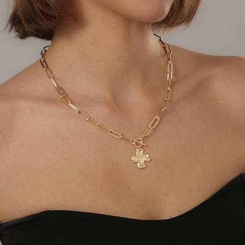Bheop Chunky Cross Necklace for Women Trendy 14K Gold Silver Layered Statement Cross Pendant Charm Necklace Waterproof Paperclip Herringbone Snake Choker Chain Christian Jewelry Set Gift Non Tarnish - style: GD-Toggle Necklace(0.8 inch Pendant)