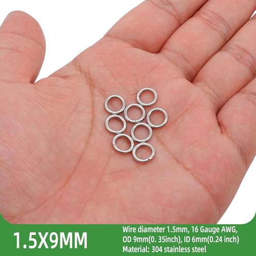 250PCS 9mm 1.5mm Thick Heavy Duty 14 Gauge Stainless Steel Jump Rings, Unwelded Metal Round Strong Craft O Ring for Necklace Bracelet Keychain Chainmail Jewelry Making - size: 9mm OD-1.5mm Thick-14 Gauge