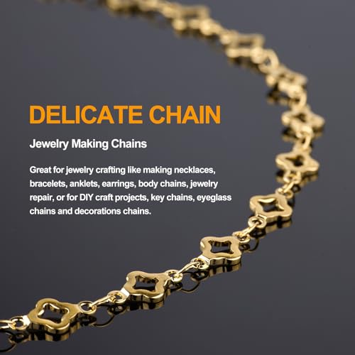 KYUNHOO 4 Meters Hollow Clover Leaf Jewelry Chain Roll Gold Plated Stainless Steel Chains for Jewelry Making with Lobster Clasps and Jump Rings for Necklace DIY - color: Leaf Clover Gold