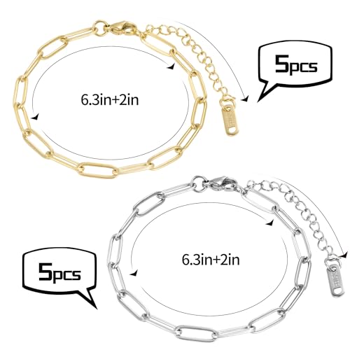 HUISUYTON 10 PCS Charm Bracelet Chain, 18K Gold Charm Bracelet Kit, 6.3Inch Paperclip Chain Bracelets, Chain Bracelet for Jewelry Making, Adjustable Jewelry Charm for Crafting and Gifting - color: Gold+Silver