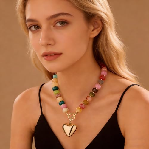 GZQ Chunky Gold Heart Necklace for Women, Resin Beaded Chain with Puff Heart Adjustable Clasp, Perfect for Daily Wear Party Date Streetwear Outfits Fashion Jewelry Gift - color: Colorful