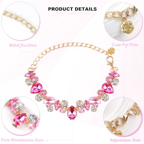 HOWWFALY Dog Collar and Cat Collar Gold Chain Necklace Stainless Steel Adjustable Pink Diamonds Collar with Cute Pet Paw for Small Medium Pets Cats Dogs Kitten Puppy(Pink, L) - color: Pink, size: Large