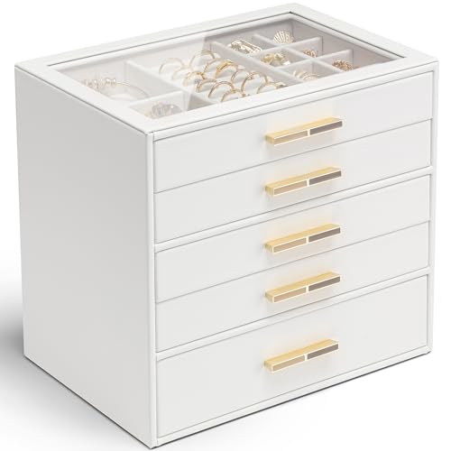 VLANDO 5 Layer Jewelry Box for Women, Glass Lid Jewelry Organizer with 5 Drawers for Necklaces Rings Earrings Bracelets - White - color: E. White, size: 5-Layer