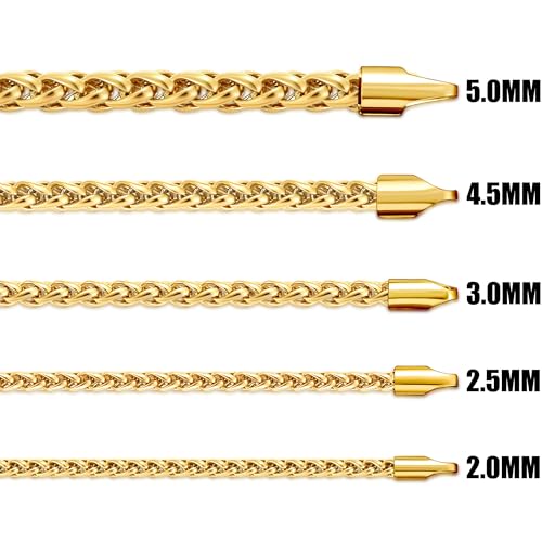 Fiusem Black Wheat Chains for Men and Women, 2/2.5/3/4/5mm Stainless Steel Necklace Chain, Mens Necklace Jewelry Gift 16-28 Inch - size: 16 Inches, style: Gold 2.1MM