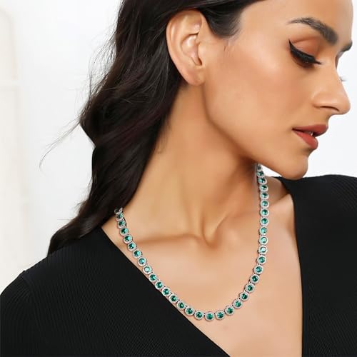 Gemsme 18K White Gold Plated Halo Necklace 5.0mm Round Cubic Zirconia Classic Tennis Necklace - color: White Gold - Green, size: 18 Inch