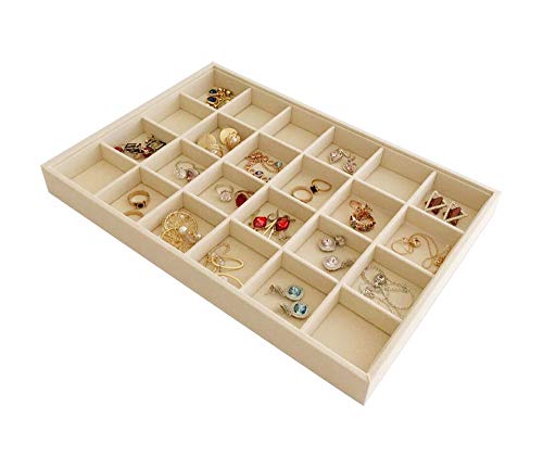 Premium Grade Velvet Sturdy Jewelry 24 Grids Display Tray Stackable Rings Necklace Gemstone Shows Store Home Organizer Soft Beige - color: 24 Grid