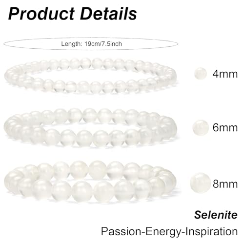 3Pcs Natural Healing Crystal Bracelets for Women Men, 4mm 6mm 8mm Beaded Stretch Bracelet Set, Black Tourmaline Natural Stone Gemstone Jewelry Gifts for Meditation, Reiki & Yoga - color: Selenite