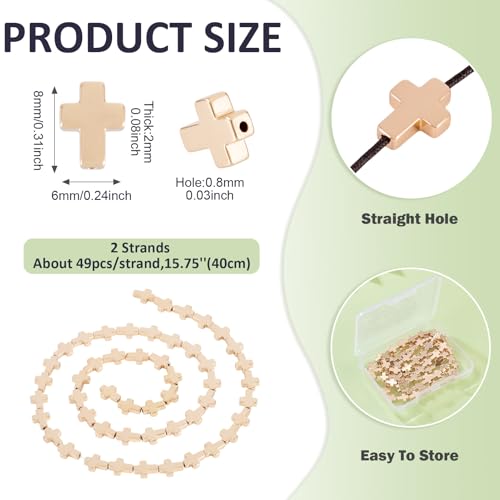 98 Pcs 6mm Hematite Cross Beads for Bracelets Natural Hematite Gemstone Beads Gold Cross Crucifix Bead Charms for Women Men Bracelet Necklace Jewelry Making - color: Gold-Hematite