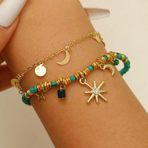 Rrdaily Layered Bohemian Colorful Beaded Necklace Bracelets for Women,Stacked Coin Disc Pendant Necklace Set Ethnic Holiday Trendy Jewelry Accessories Jewelry