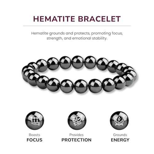 Crystal Vibe 8mm Beaded Bracelets For Women Men - Healing Crystal Bracelet - Adjustable Size - color: Hematite