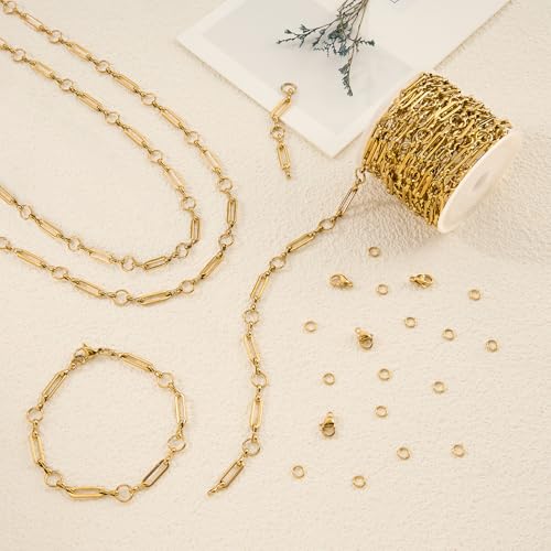 YOUBEIYEE 4 Meters Gold Plated Chains for Jewelry Making Stainless Steel Circle Paperclip Chain Roll with Jump Rings and Lobster Clasps - color: Circle Paperclip Gold