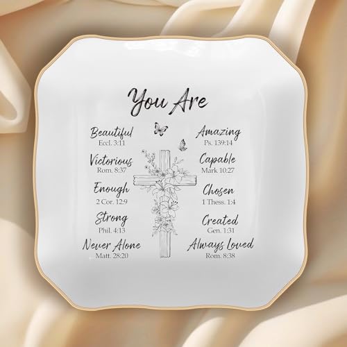 LITTLEBIGGER Christian Gifts – Bible Verses Jewelry Tray, Personalized Jewelry Dish, Spiritual and Religious Gifts for Women, Christian Faith-Based Gifts, Godmother Gift Ideas, Mothers Day gifts - style: Cross-Wavy square
