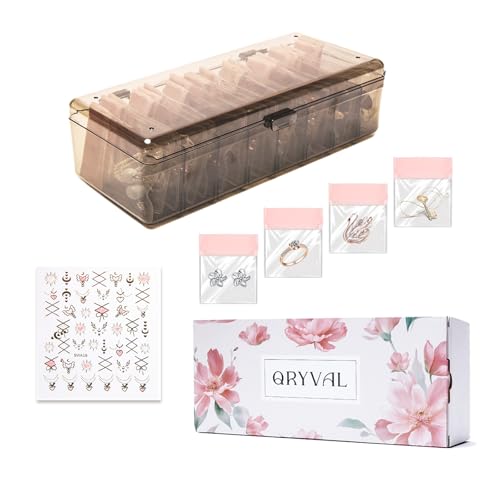 Jewelry Organizer and Storage Box with 24 EVA Anti Tarnish Bags, Travel Acrylic Case for Earrings, Necklaces & Rings, Elegant Gift for Women & Girls (S&Organizer(Brown)) - size: S&Organizer(Brown)