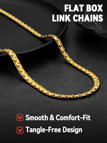 FaithHeart Mens Black/Silver/Gold Stainless Steel Flat Box Link Chain Necklace, Stylish 2/4/6/8mm Width Box Chains Necklaces for Men Non Tarnish Hip Hop Chain Jewelry Gifts,14"-30" Length - color: 2mm Width-Gold, size: 18 Inches Length