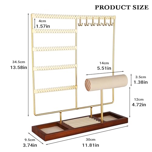 Ciormis Jewelry Stand Organizer, 5 Tier Jewlery Holder Towers Earring Display Rack with 72 Holes and 12 Hooks Necklace Hanger Tree for Necklace Bracelet Stud Earring Ring Women Mothers Gift (Gold) - color: Gold-new