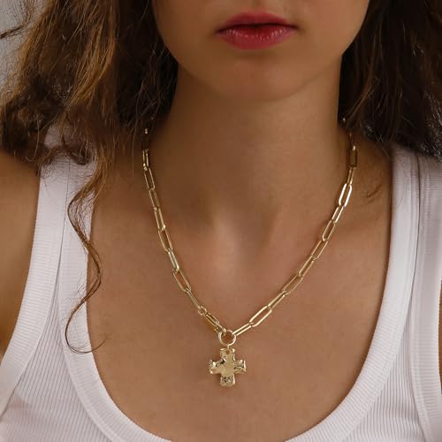 Bheop Chunky Cross Necklace for Women Trendy 14K Gold Silver Layered Statement Cross Pendant Charm Necklace Waterproof Paperclip Herringbone Snake Choker Chain Christian Jewelry Set Gift Non Tarnish - style: GD-Cross Necklace(0.8 inch Pendant)