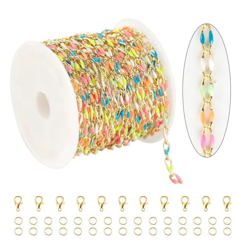 KYUNHOO 4 Meters Colorful Oil Drip Cable Chain for Jewelry Making, 16K Gold Plated Brass Chain Mixed Color Enamel Chain Necklace Women Bracelet DIY Jewelry Supplies Findings - color: Colorful Lip