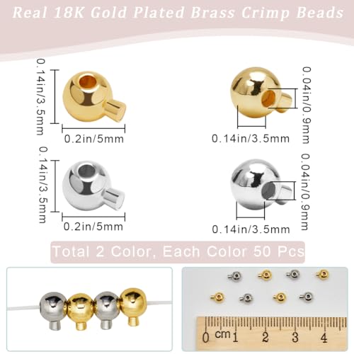 Beebeecraft 100Pcs 18K Gold Plated Brass Crimp Beads Metal Spacer Beads Irregular Shape Spacer Stoppers Beads 3.5x5mm for DIY Necklace Bracelets Making - color: Round