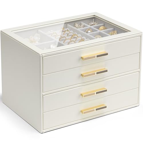 VLANDO 4 Layer Jewelry Box for Women, Glass Lid Jewelry Organizer with 4 Drawers for Necklaces Rings Earrings Bracelets - Cloud White - color: A. Cloud White, size: 4-Layer