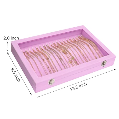 Siveit Necklace Organizer Box Premium 20 Hooks Velvet Necklace Display Jewelry Tray with Transparent Lid Jewelry Necklace Display Box for Necklace Pendants Suitable for Women and Girls (Pink) - color: Pink