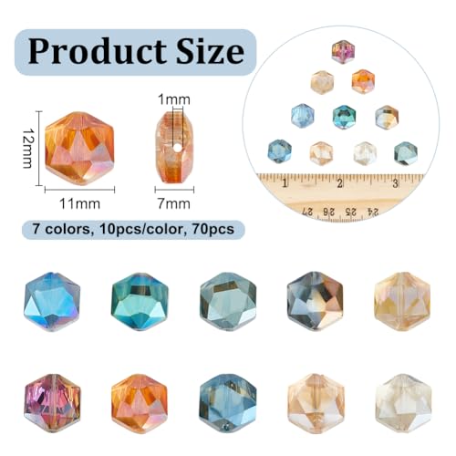 PH PandaHall 70pcs 7 Colors Faceted Beads, 12mm Flat Hexagon Crystal Beads Electroplate Glass Bead AB Color Craft Spacer Loose Bead for DIY Jewelry Bracelet Necklace Earring Crafting