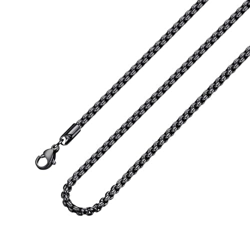 Square Rolo Chain Necklace Stainless Steel Round Box Necklace for Men Women/2mm-7mm/16Inch-36Inch - color: Stainless Steel-Black, size: 20 Inches, style: 2 mm width