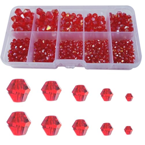 900pcs Crystal Bicone Glass Beads of AB Color (Red), Rondelle Crystal Beads Assorted Supplies Spacer Loose Beads for Jewelry Making Findings Bracelets Pendants (2mm, 3mm, 4mm, 5mm,6mm, 8mm) - color: Crystal Bicone Glass Beads:Red