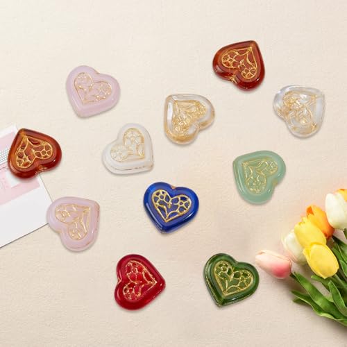 1 Box 20PCS Valentine Heart Glass Beads with Hole Bohemian Love Shaped Colorful Czech Golden Metal Enlaced Crystal Charms Loose Spacer Bead for Jewelry Making Bracelet Necklace Diy Craft - style: Heart