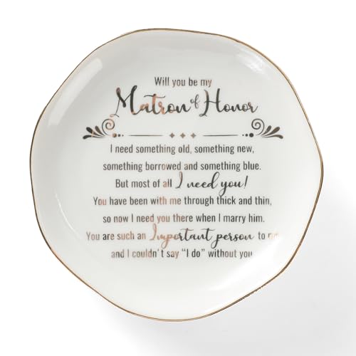 HOME SMILE Matron Of Honor Ring Dish - Will You Be My Matron Of Honor - Jewelry Trinket Dish Tray, Bridesmaid & Bridal Shower Gifts - Proposal Gift For Bestie, White Ceramic - style: Matron Of Honor