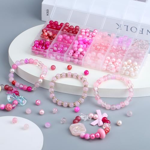 DUQGUHO 8mm Pink Beads for Jewelry Making Pink Glass Beads for Crafts Rose Glass Round Bead for Bracelets, Necklaces & DIY Crafts 360PCS - color: 6-Pink