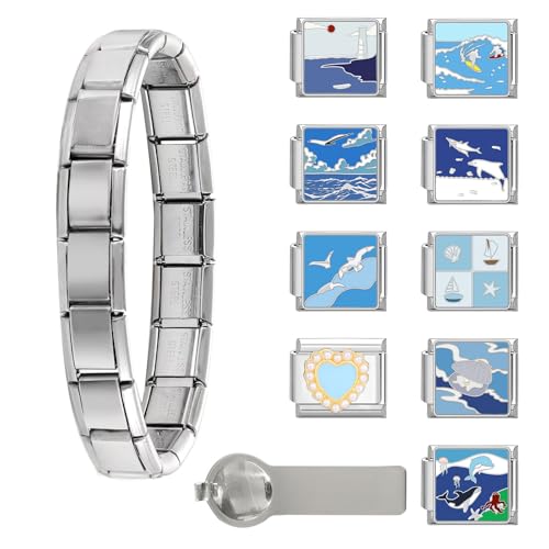 Italian Charms Bracelet Sets with 1Pcs Starter Brascelet 9Pcs Charms 9mm Italian Modular Charm Bracelet DIY Module Jewelry Gifts - color: A-Starter Bracelet Set Blue