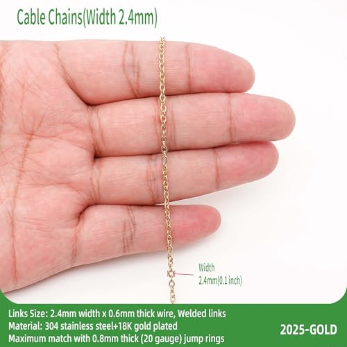 THREENEST 16.4-Feet Width 2.4mm Stainless Steel Gold Cable Chains, 18K Gold PVD Welded Permanent Craft Chains for Necklace Bracelet Earring Jewelry Making - color: 18K Gold, size: Cable Chains(Width 2.4mm)