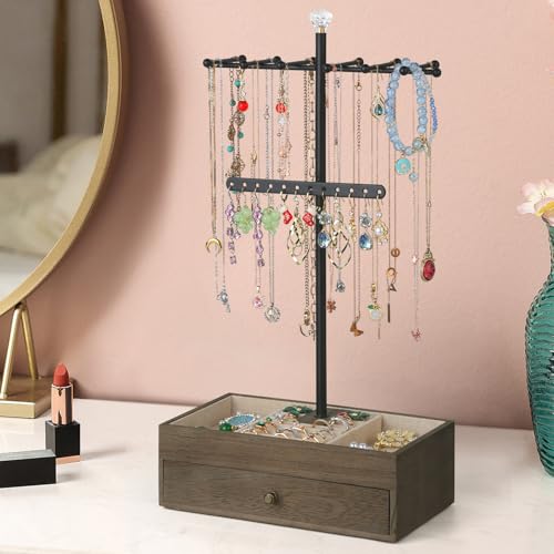 Meangood Jewelry Organizer Stand, 3-Tier Necklace Holder Jewelry Tree with Wooden Storage Drawer Box for Necklace Bracelet Earring Ring, Walnut - color: Weathered Grey