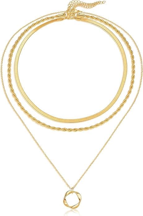 Evabelle Gold Layered Necklace for Women Trendy Jewelry 14K Real Gold Plated Chunky Chain Stackable Necklaces Dainty Choker Necklaces Rectangle Square Pendant
