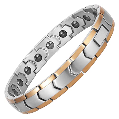 Magnetic Hematite Bracelets for Men Women 316L Stainless Steel Power Balance Energy Magnets Stones Bracelet Jewelry Gift with Adjustment Tool - color: Silver & Rose Gold