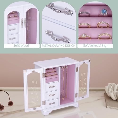 White Jewelry Box,Handle Carving Craft Wooden Jewelry Boxes,With Swivel Hook And Velvet Lining Large Jewelry Box For Women,Suitable As Gift For Friends